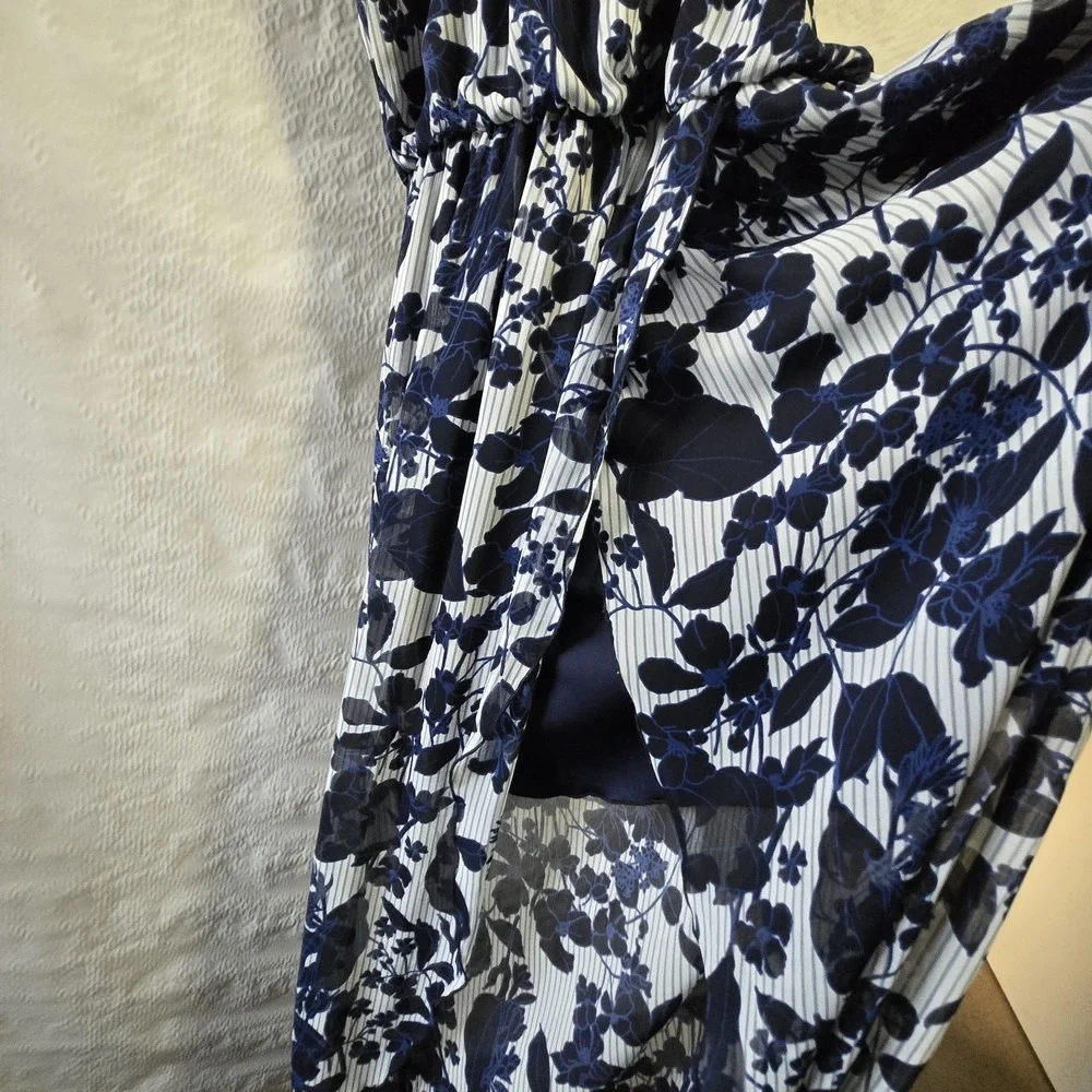 En Focus Studio Maxi Dress Women's Sz 14 Blue Gray Sleeveless Floral‎ Mock Neck - Picture 10 of 14